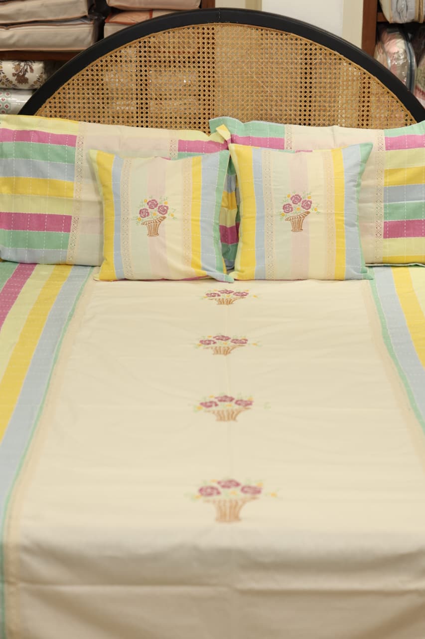 Pastel Stripe Premium Embroidery Cotton King Size Bedspread Set