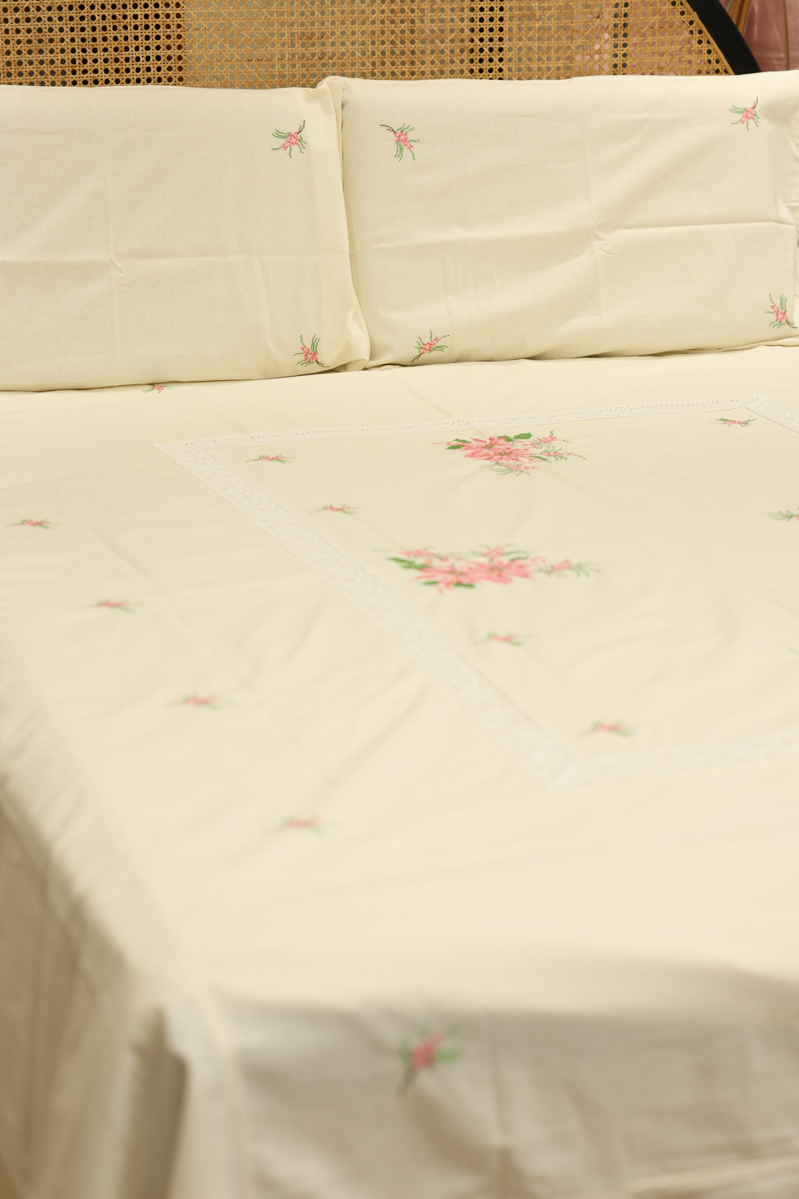 Premium Cross stitch Embroidery Cotton King Size Bedspread Set