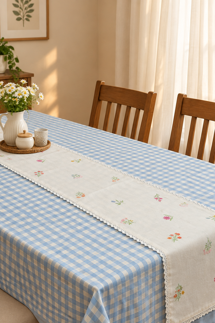 Table cloth - Check embroidery (6 Seater-blue)