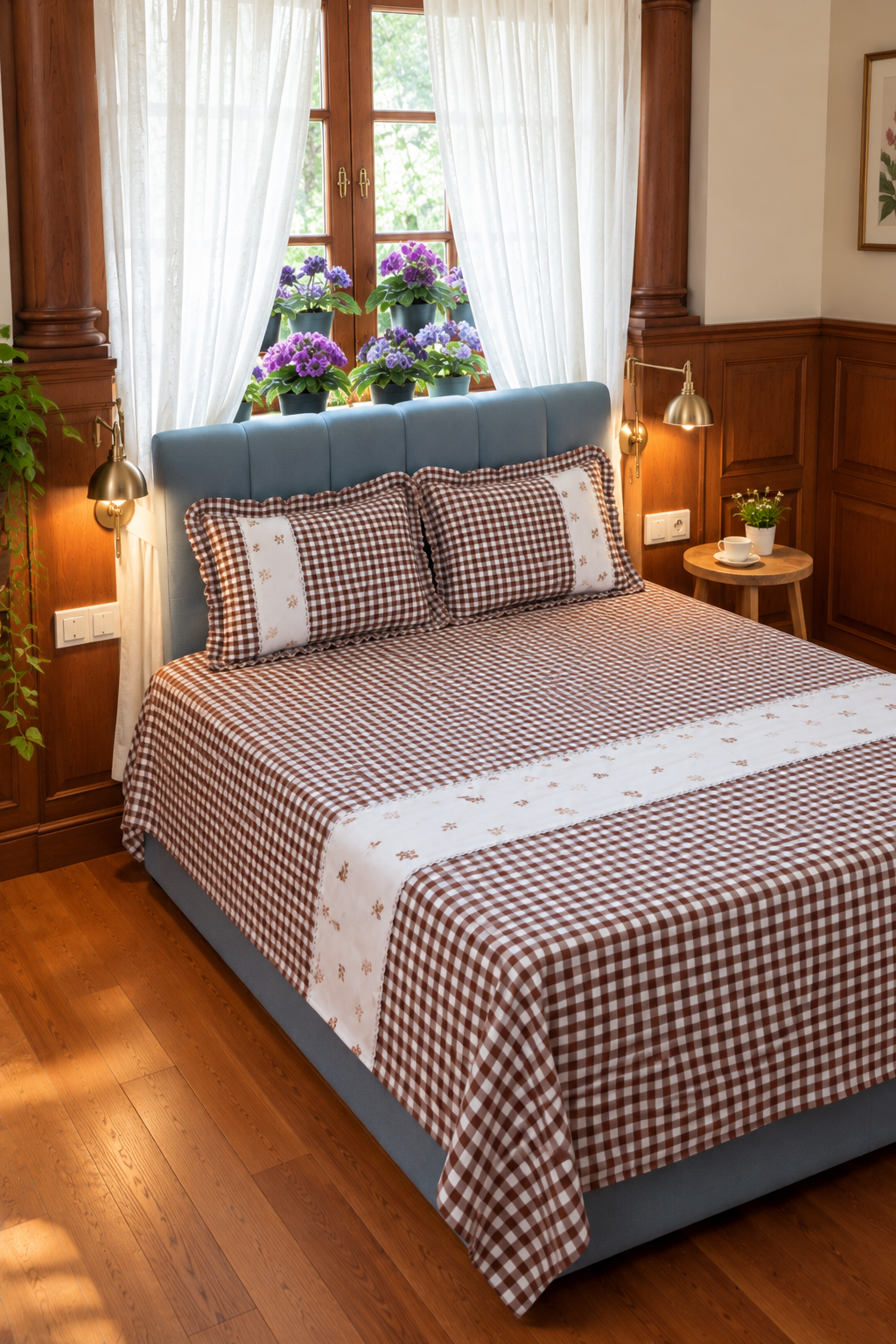 Bedsheets - King Premium check floral embroidery bedsheet(brown)