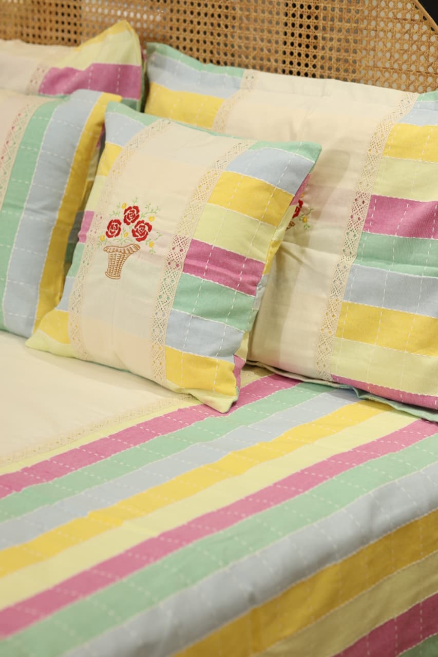 Pastel Stripe Premium Embroidery Cotton King Size Bedspread Set Cottage collections 3