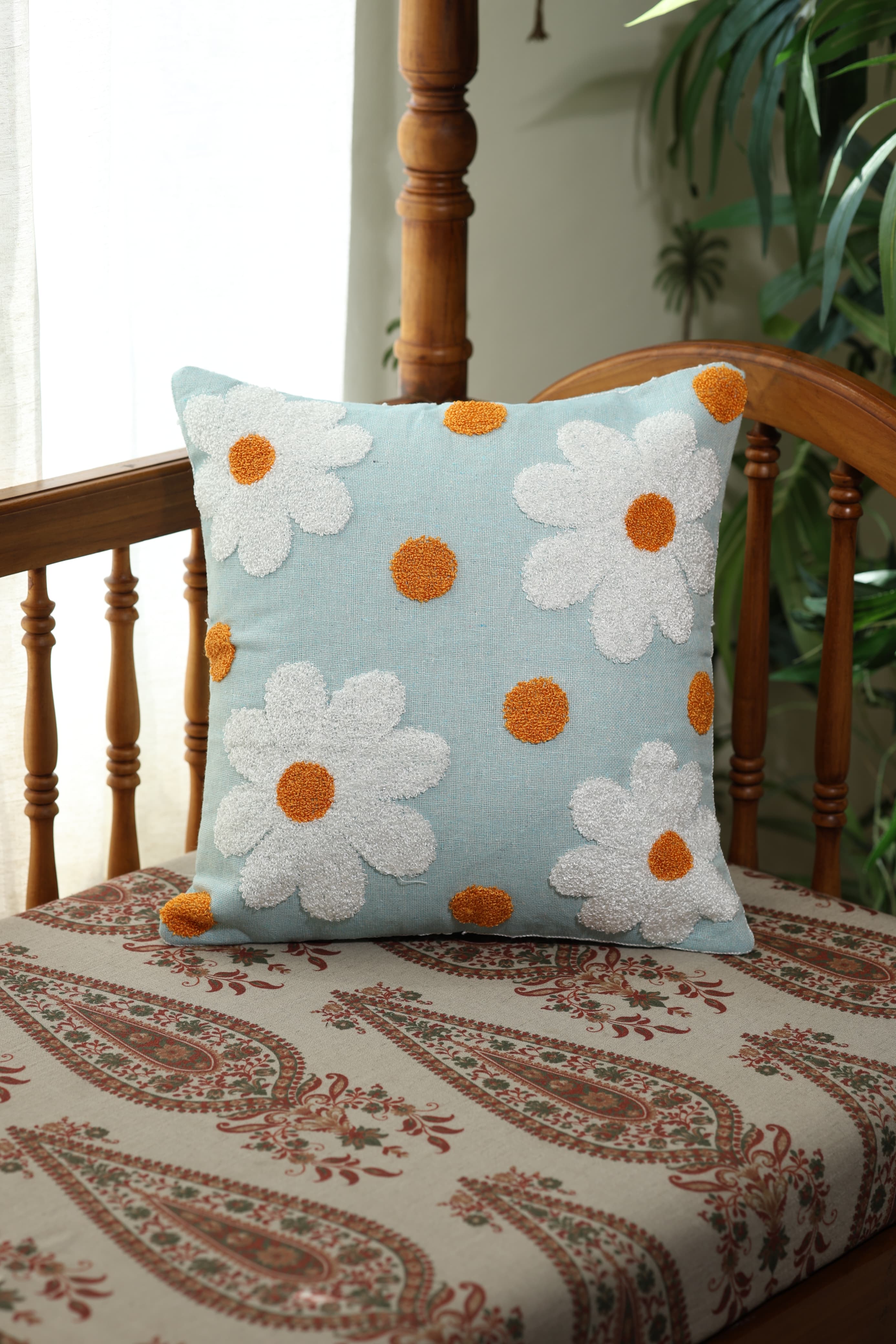 Light Blue Daisy Floral embroidery Cushion Cover ( 16*16 inches)