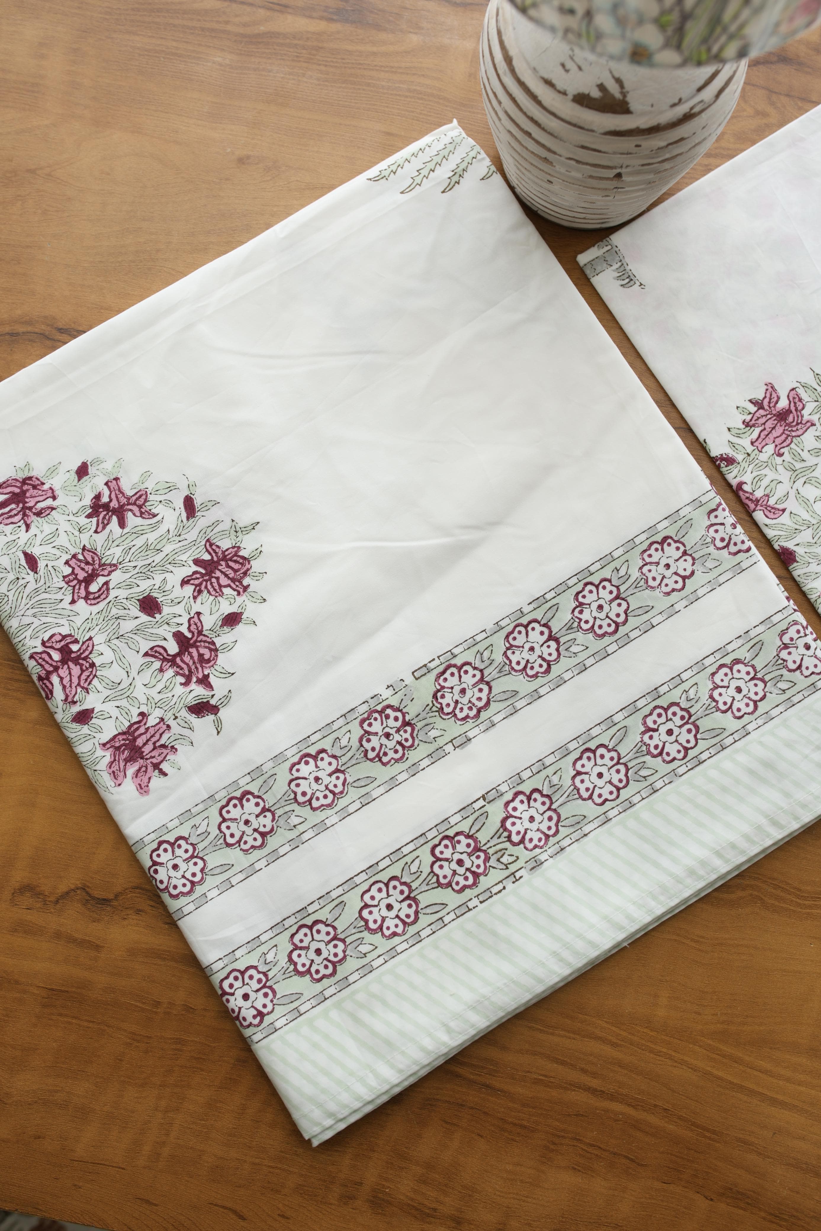 White Lilly Cotton Handblock Percale Single Bedsheet