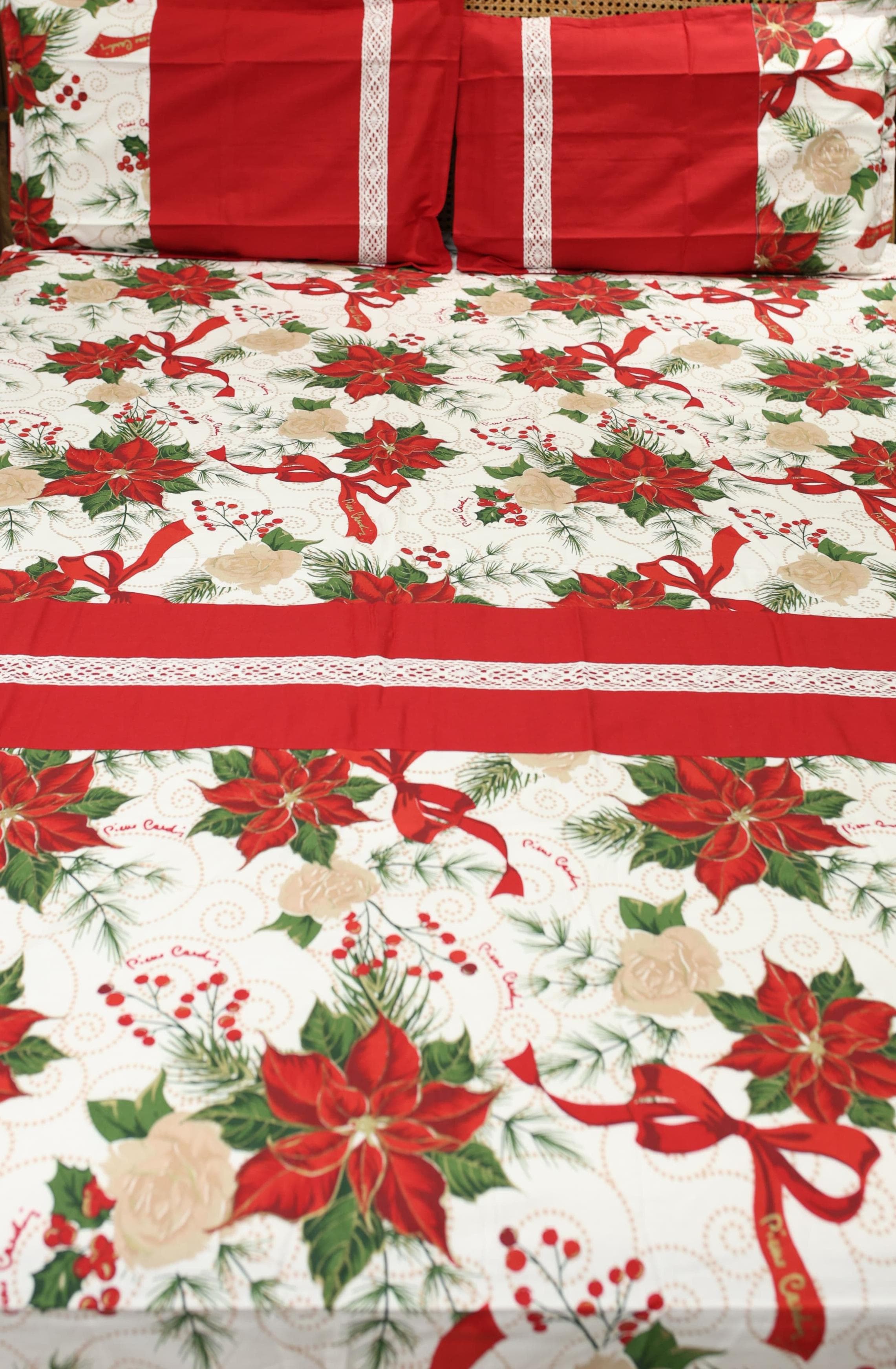 Bedsheets - Queen Premium check floral embroidery  bedsheet Xmas theme edition