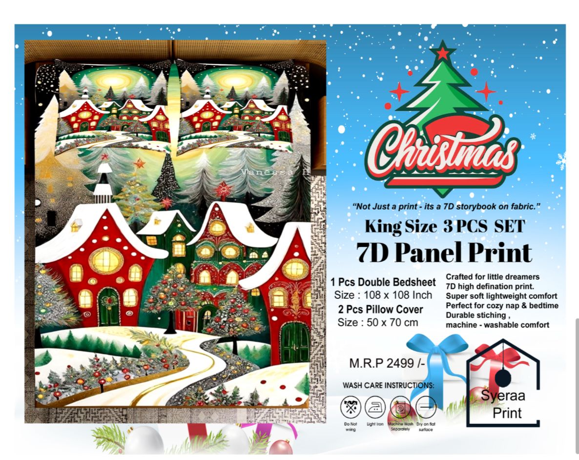 King size 7D Panel Print Bedsheet Set Xmas Edition