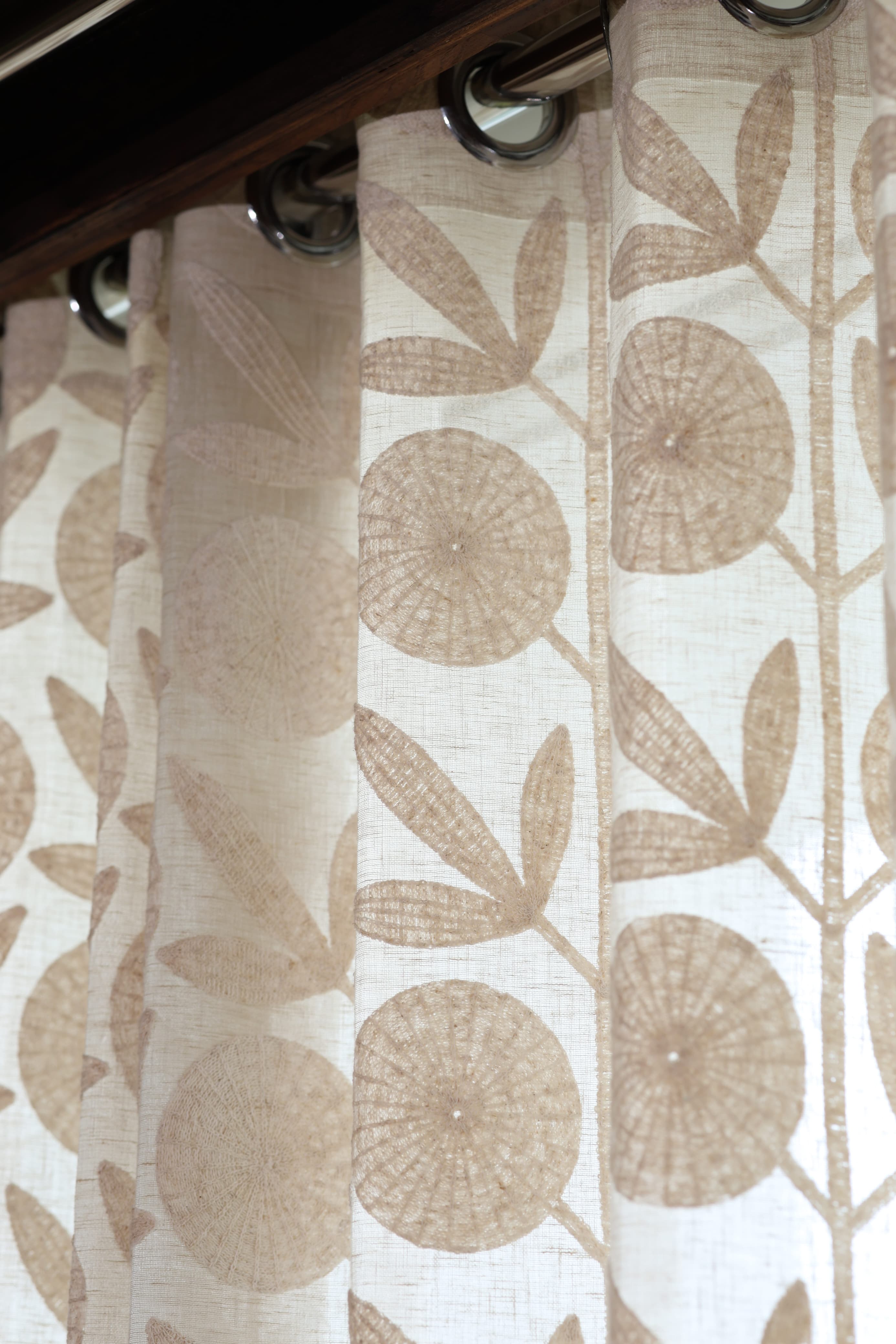 Premium Beige Floral Applique - Feel Embroidery Sheer Curtain