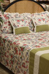 Bedsheets - Premium king floral printed lace bedsheet with cushion covers green bud