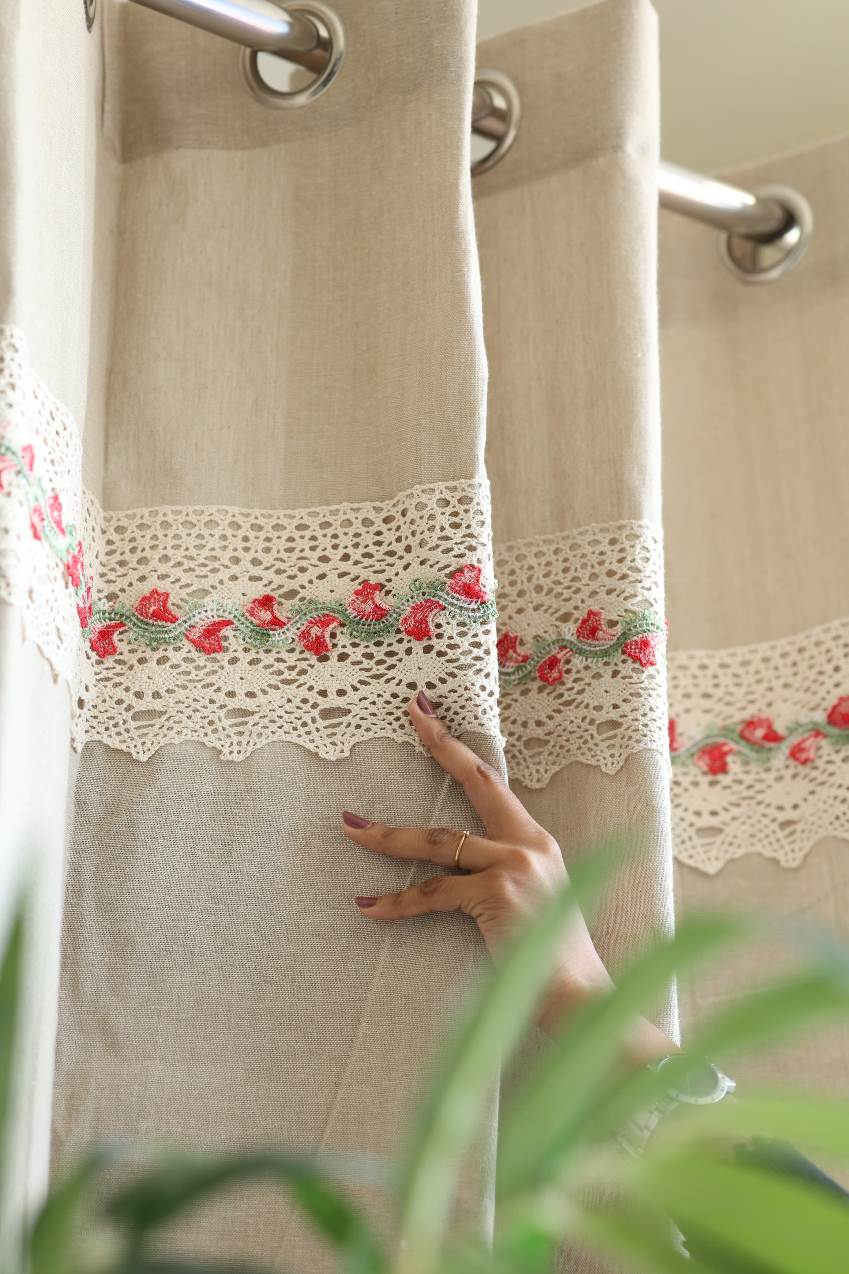 Natural Beige Opaque Curtain with Red Floral Crochet Lace Trim