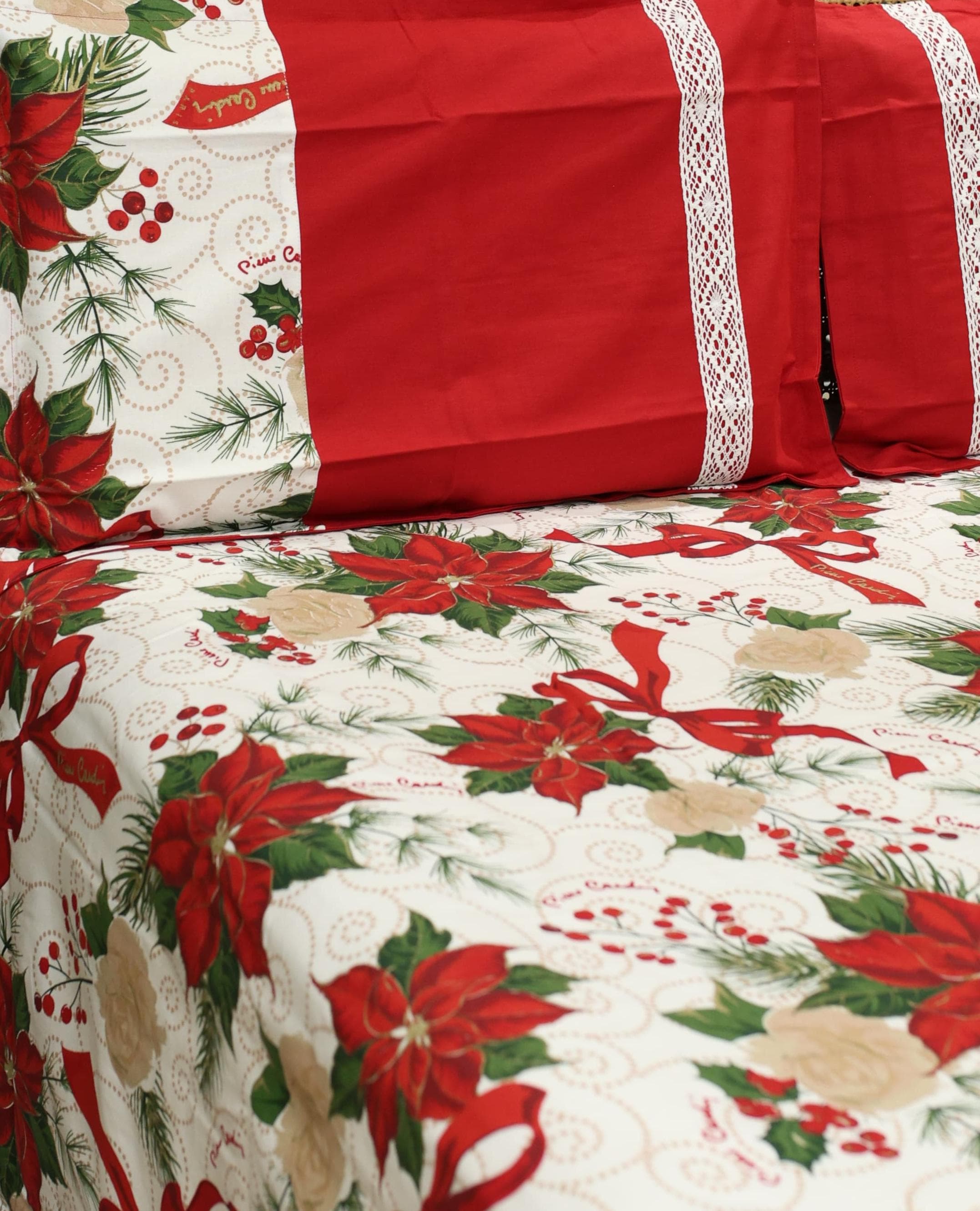 Bedsheets - Queen Premium check floral embroidery  bedsheet Xmas theme edition