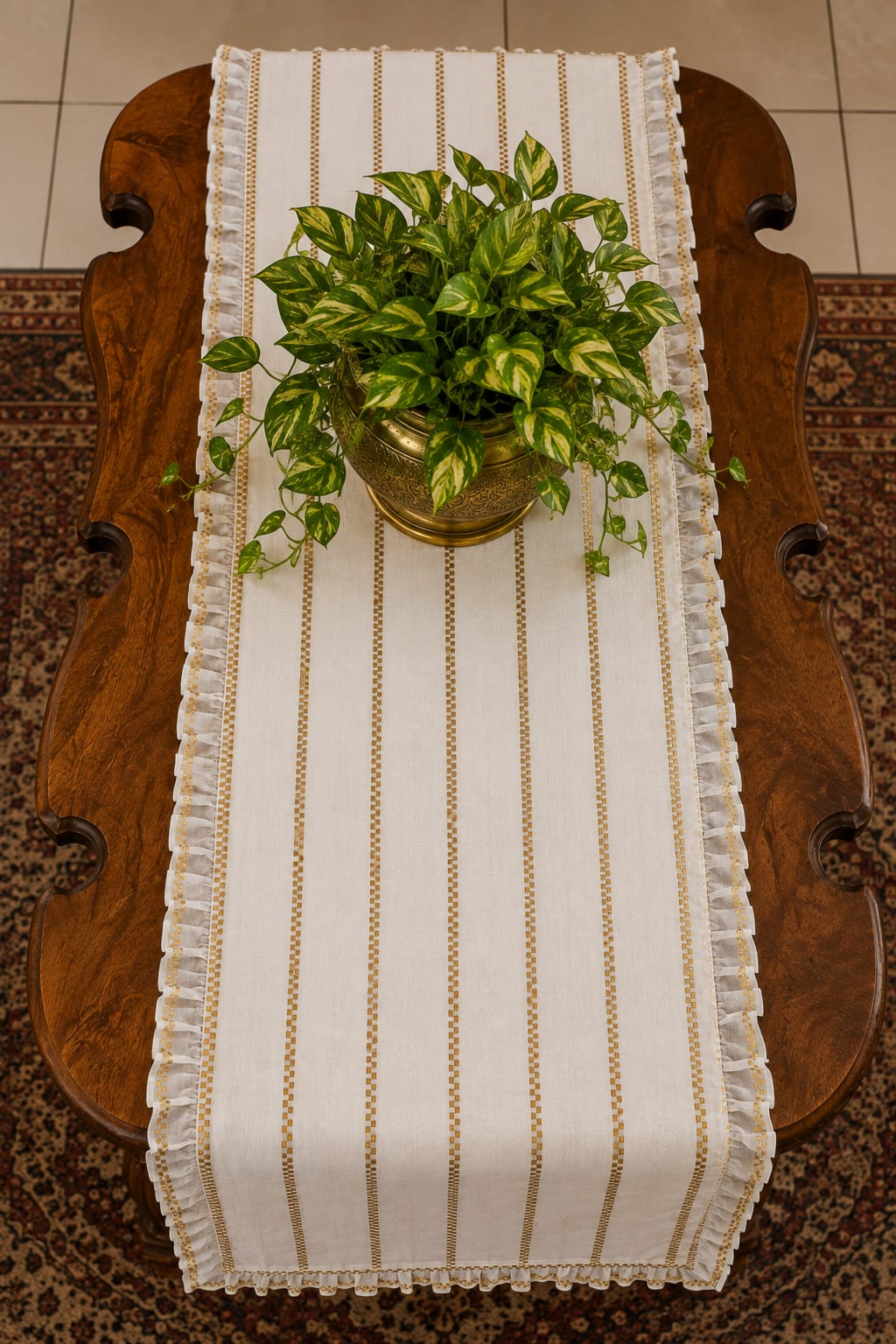 Onam Striped Table Runner with Ruffled Edges - 4 seater