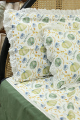 Bedsheets - Premium queen floral printed lace bedsheet with cushion covers pumpkin bud