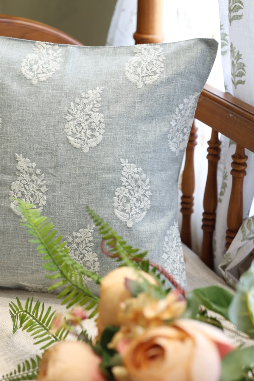 Sage Grey Floral Embroidered Cushion Cover-pre booking