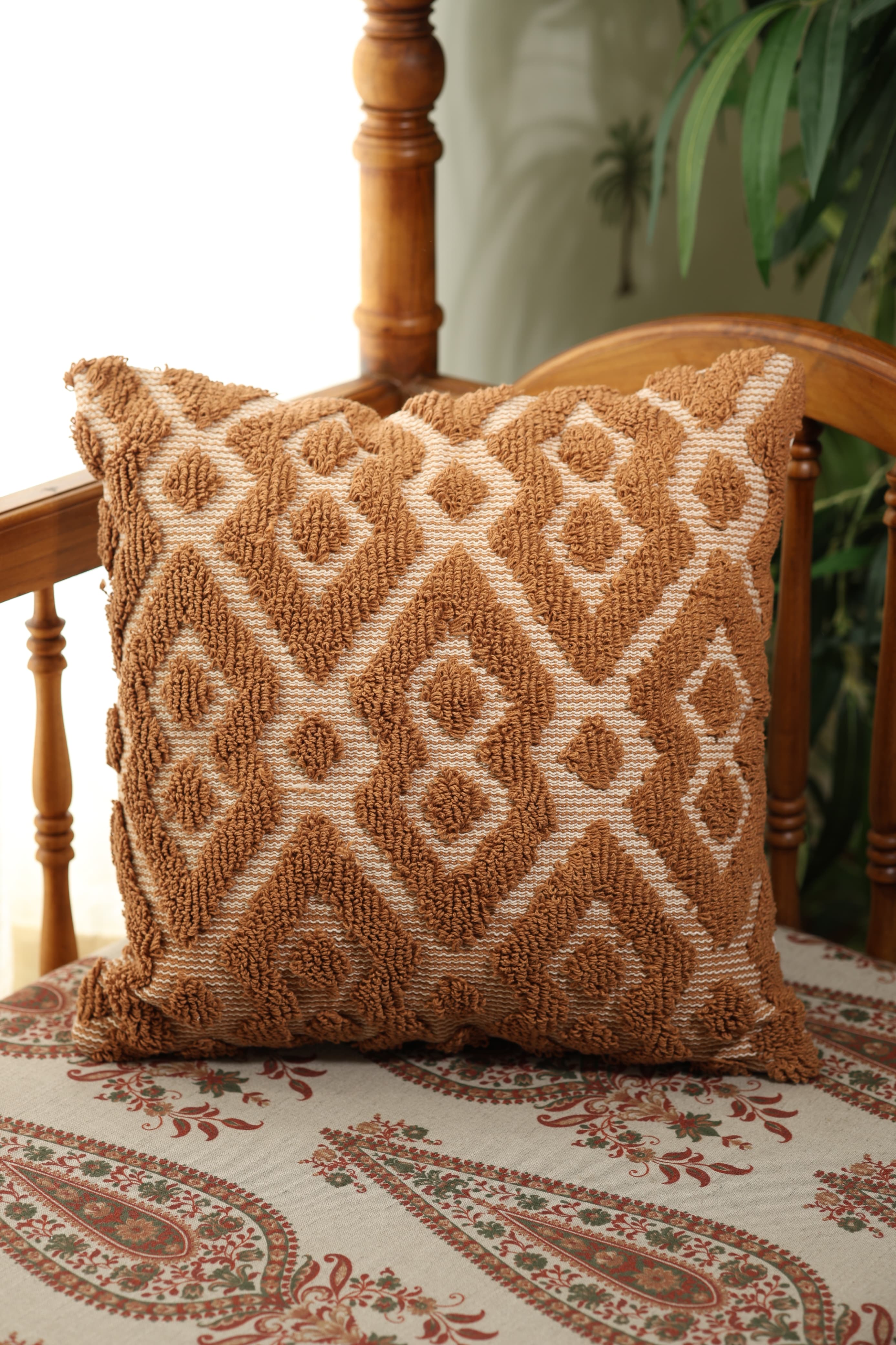 Rust Brown Geometric Tufted Cushion Cover