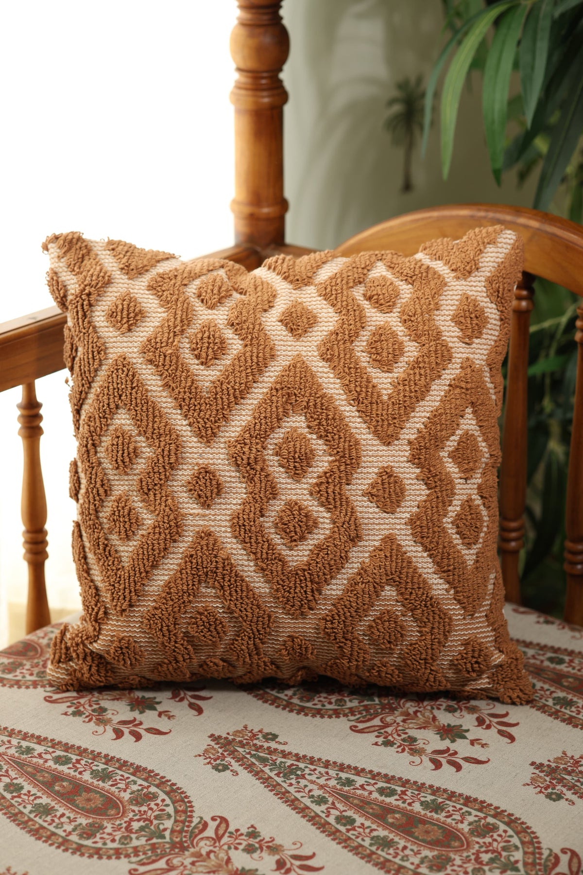 Rust Brown Geometric Tufted Cushion Cover