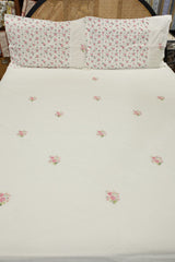 Floral Print & Cross-Stitch Embroidery Handloom Cotton Bedspread Set