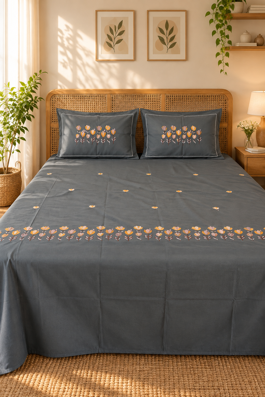 King Size Premium Machine Embroidery Bedsheet Set with 2 Pillow Covers (108x108)