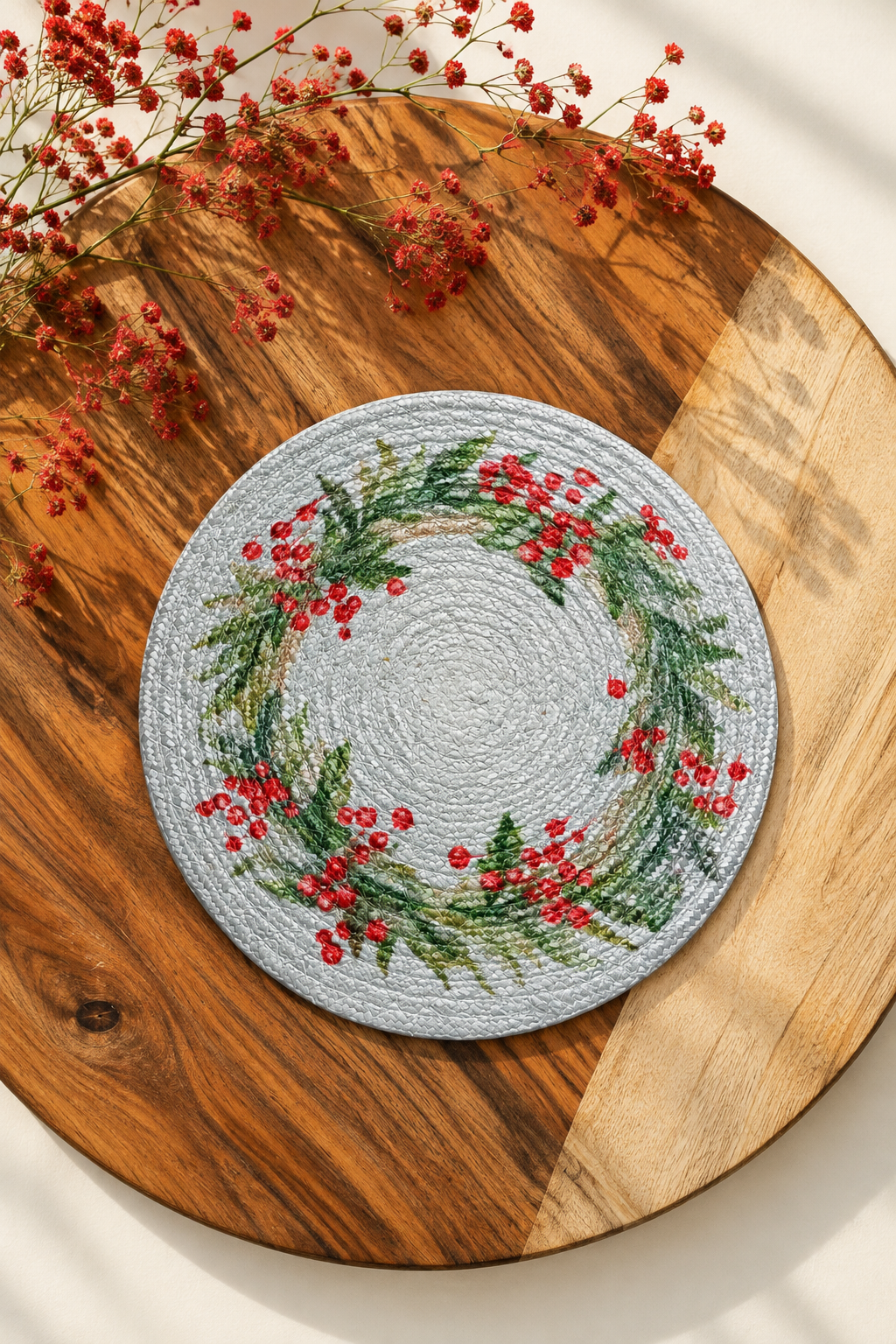 Christmas Holly Berry Wreath Woven Coaster