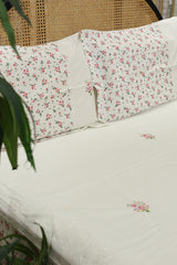 Floral Print & Cross-Stitch Embroidery Handloom Cotton Bedspread Set