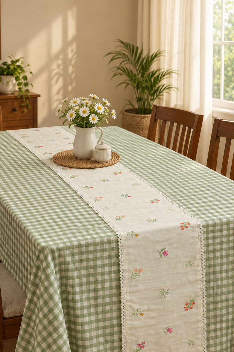 Table cloth - Check embroidery (6Seater-Green)
