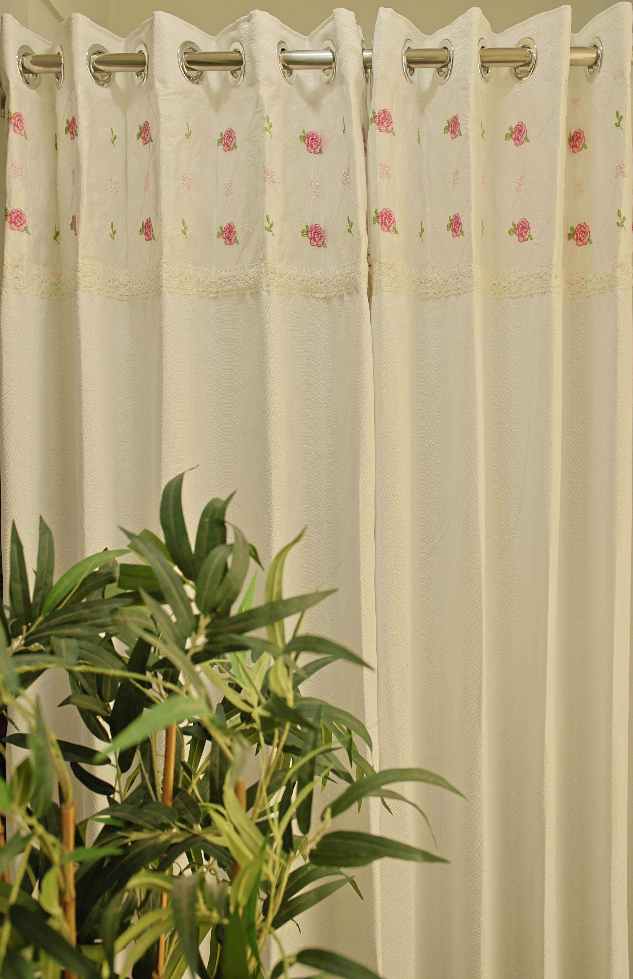 Curtains : Premium designer cross stitch embroidery curtains pure white colour