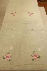 Pink Rose Cross Stitch Embroidery Beige Tablecloth (60x90 Inches) - 6 seater