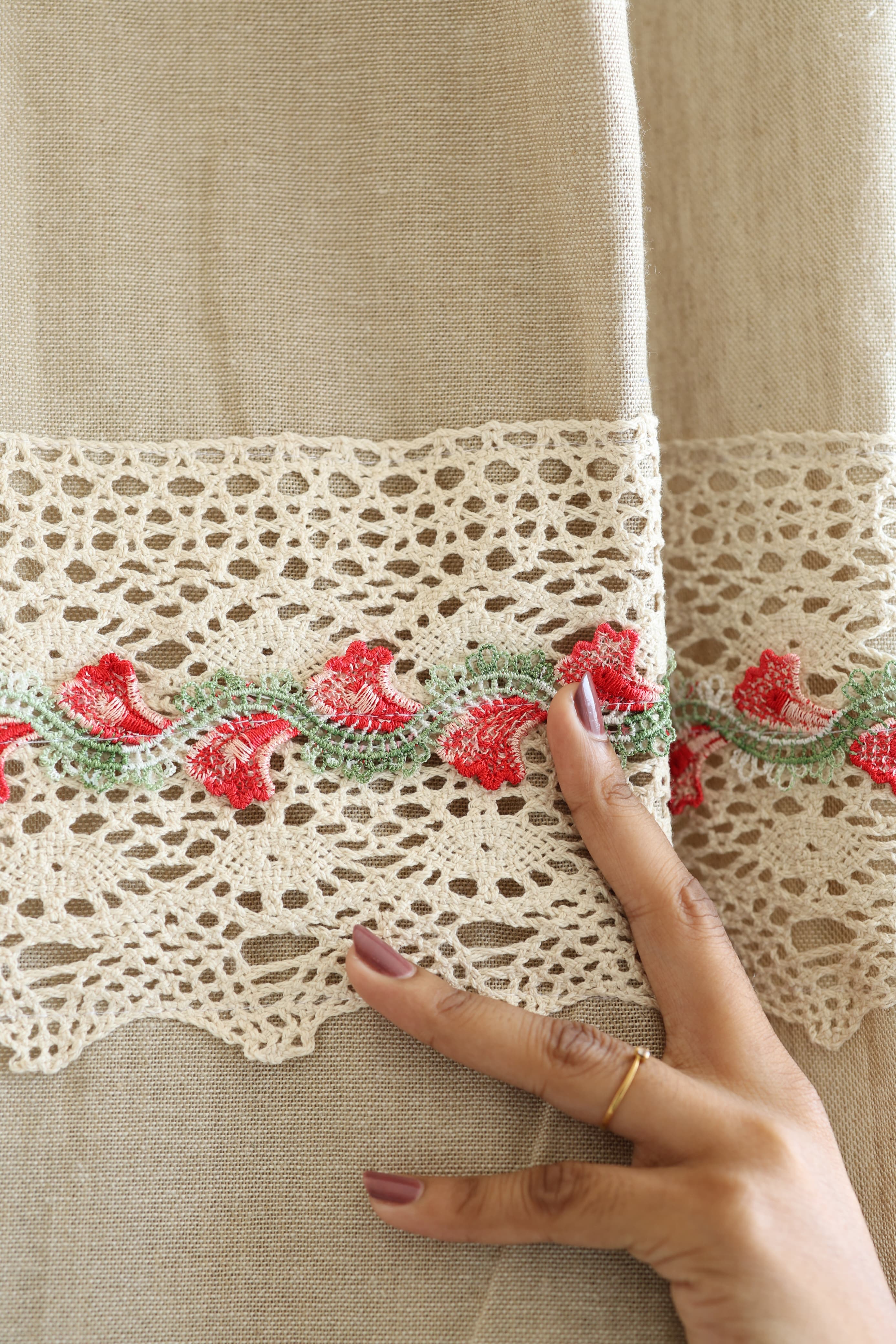 Natural Beige Opaque Curtain with Red Floral Crochet Lace Trim