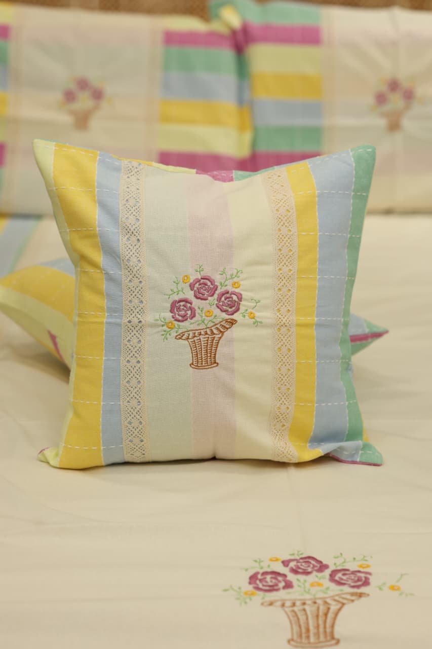 Pastel Stripe Premium Embroidery Cotton King Size Bedspread Set