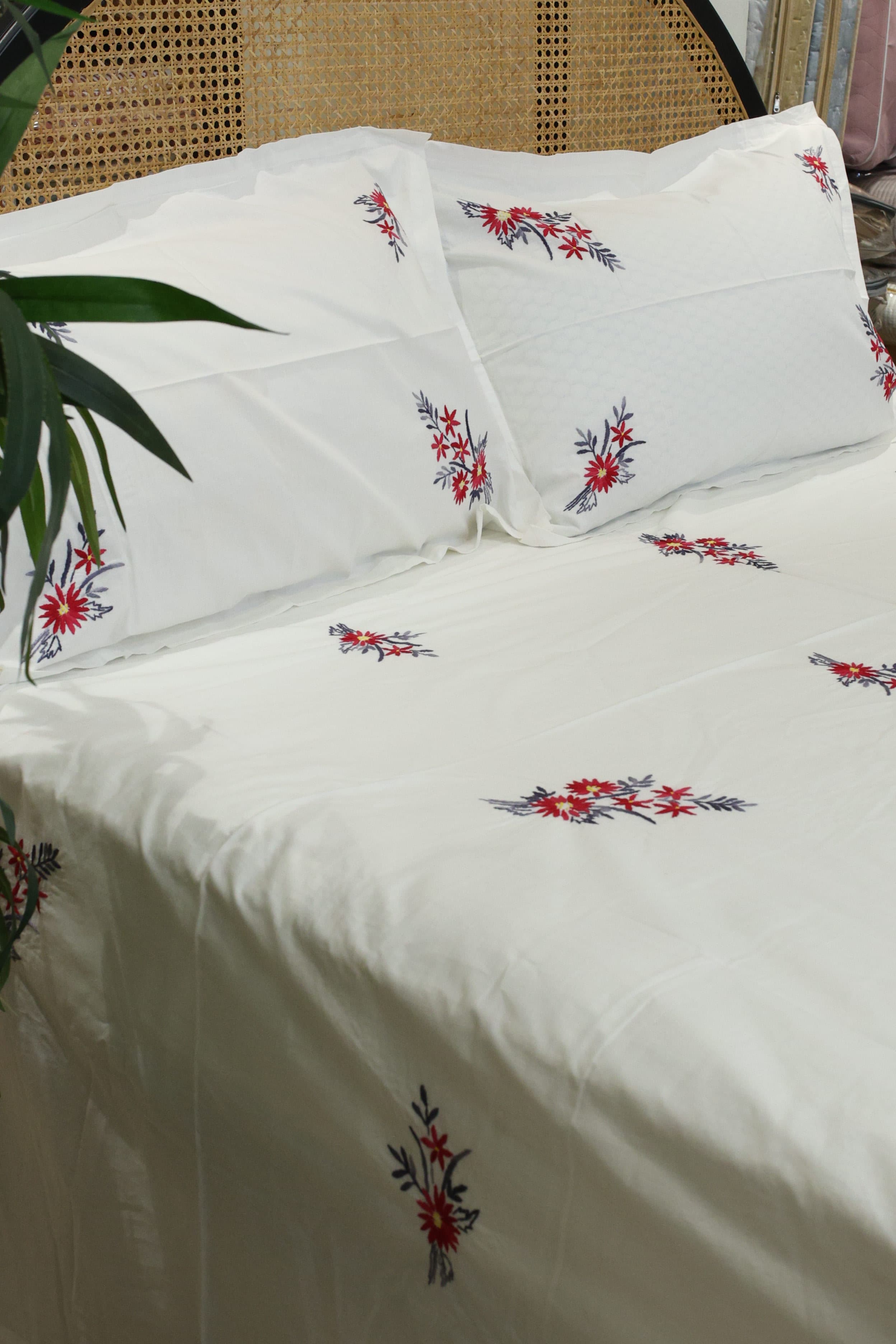 Premium Hand Embroidery Cotton King Size Bedsheet Set with 2 Pillow Covers HEK