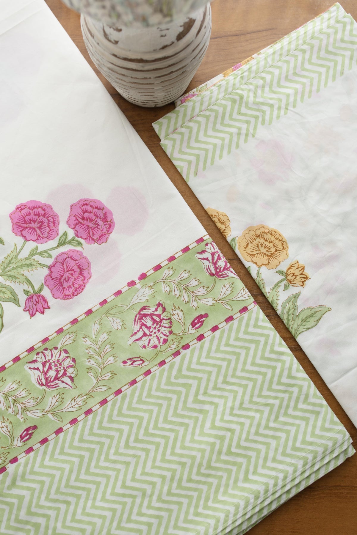 Bedsheets - Queen percale cotton handblock white lily bedsheets