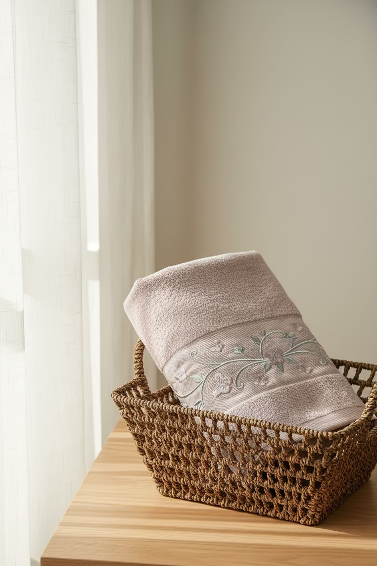 Premium Floral Embroidery  Bath Towel – Pastel (Dusty pink)