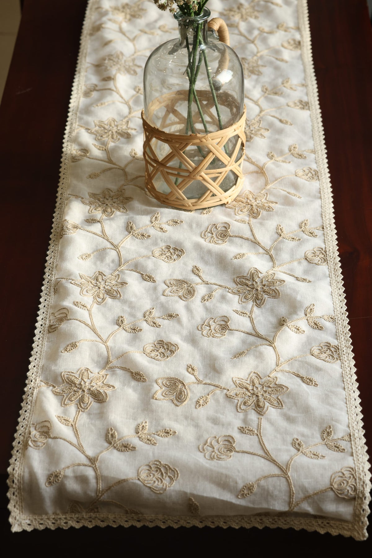 Gold Embroidered Floral 6 seater Table Runner Lace Border