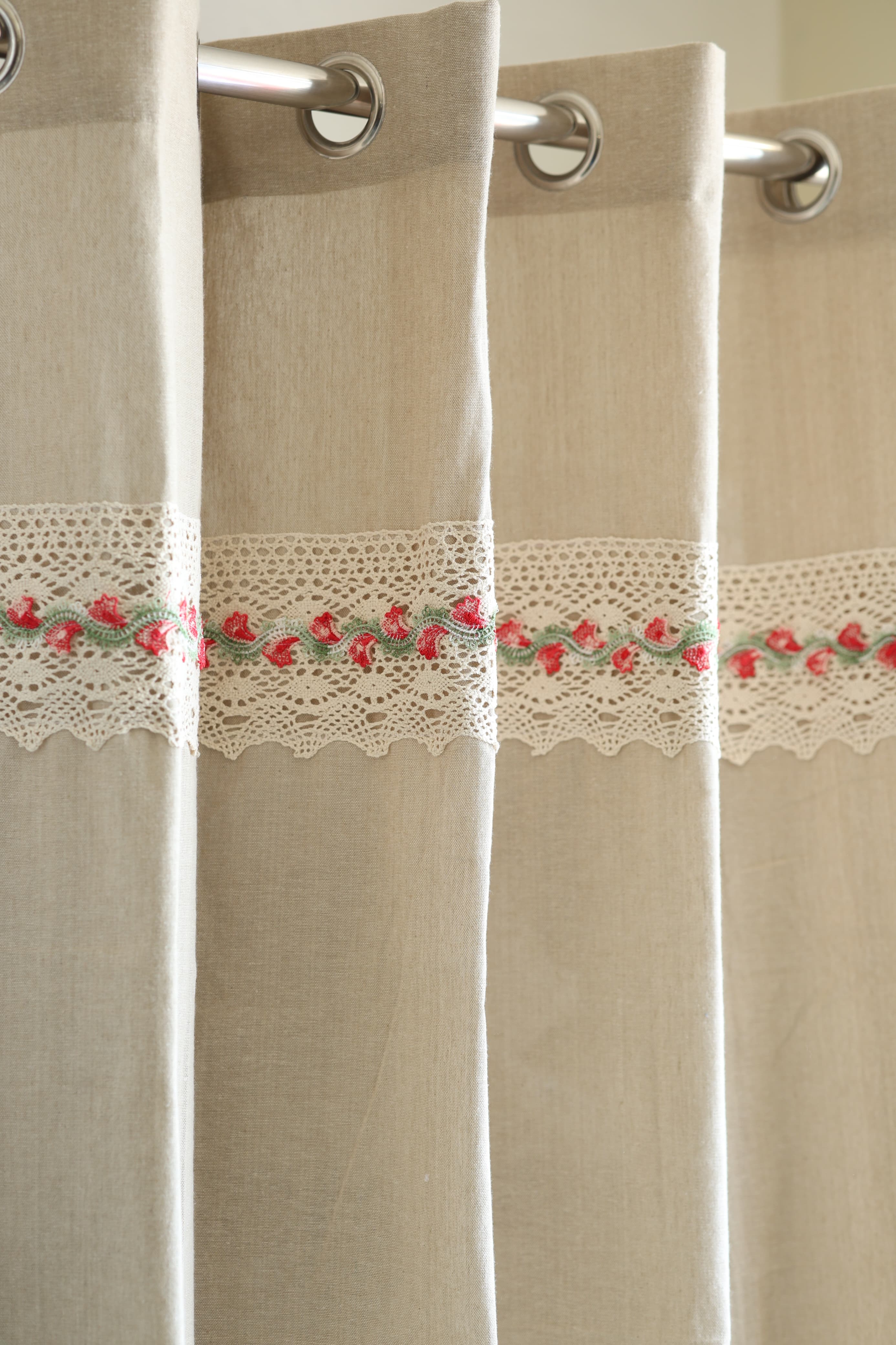 Natural Beige Opaque Curtain with Red Floral Crochet Lace Trim