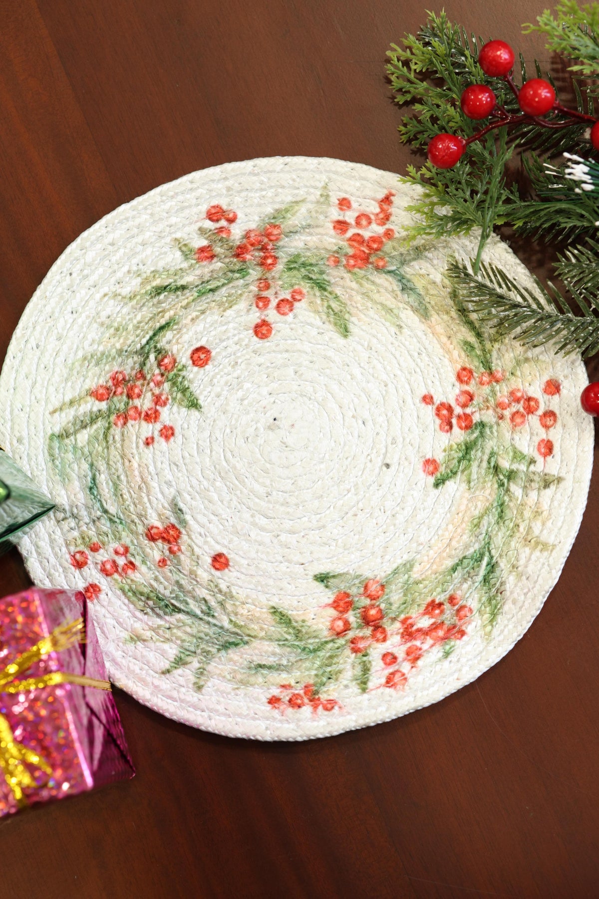Christmas Holly Berry Wreath Woven Coaster