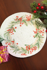 Christmas Holly Berry Wreath Woven Coaster