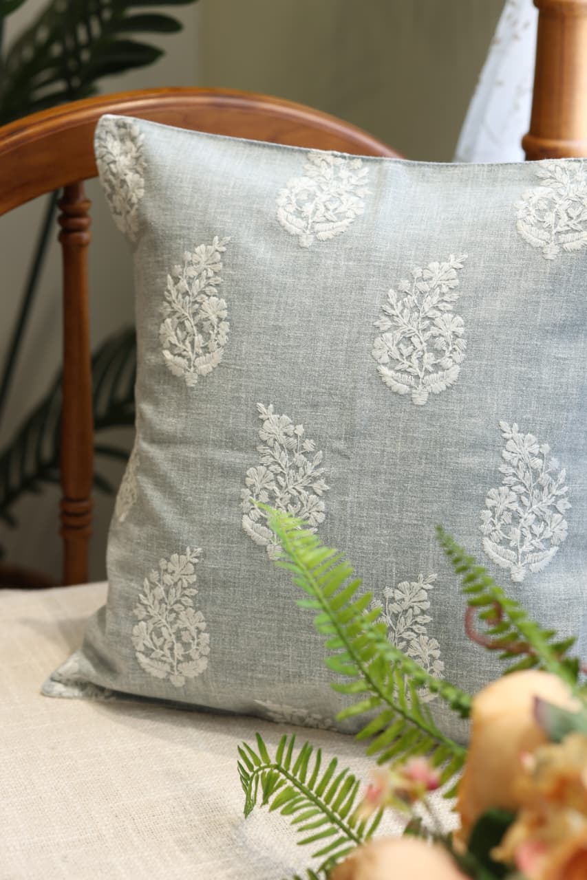 Sage Grey Floral Embroidered Cushion Cover-pre booking