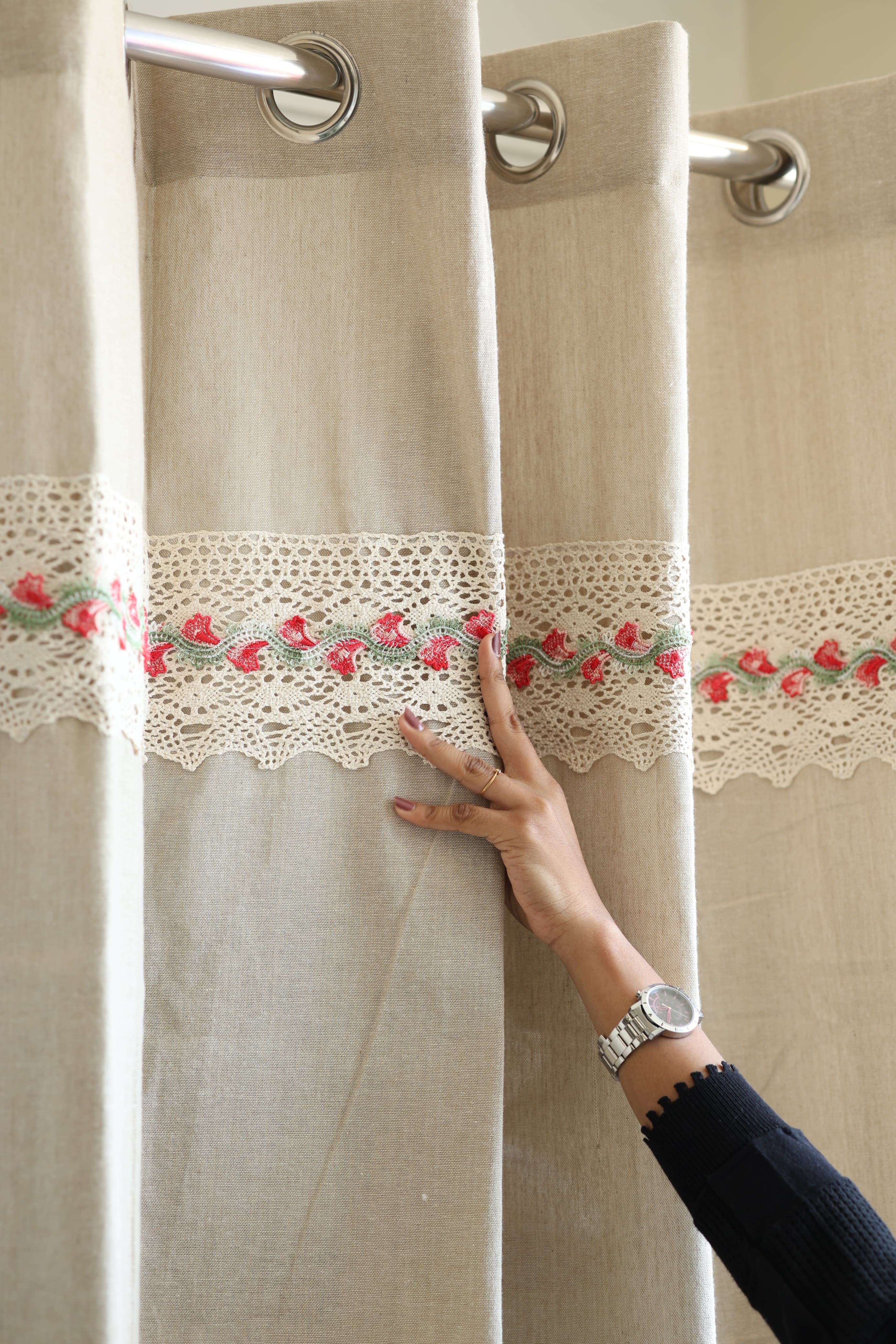 Natural Beige Opaque Curtain with Red Floral Crochet Lace Trim
