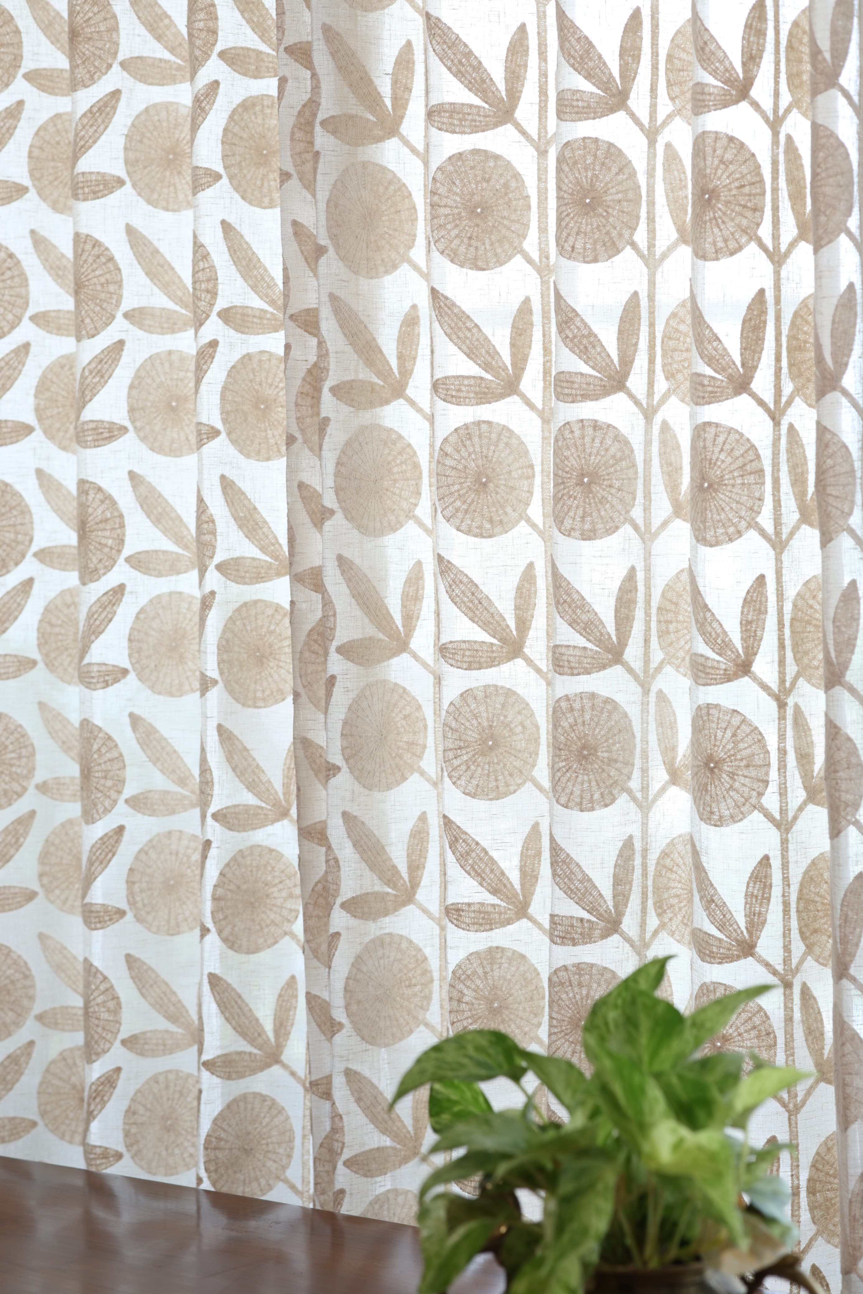 Premium Beige Floral Applique - Feel Embroidery Sheer Curtain