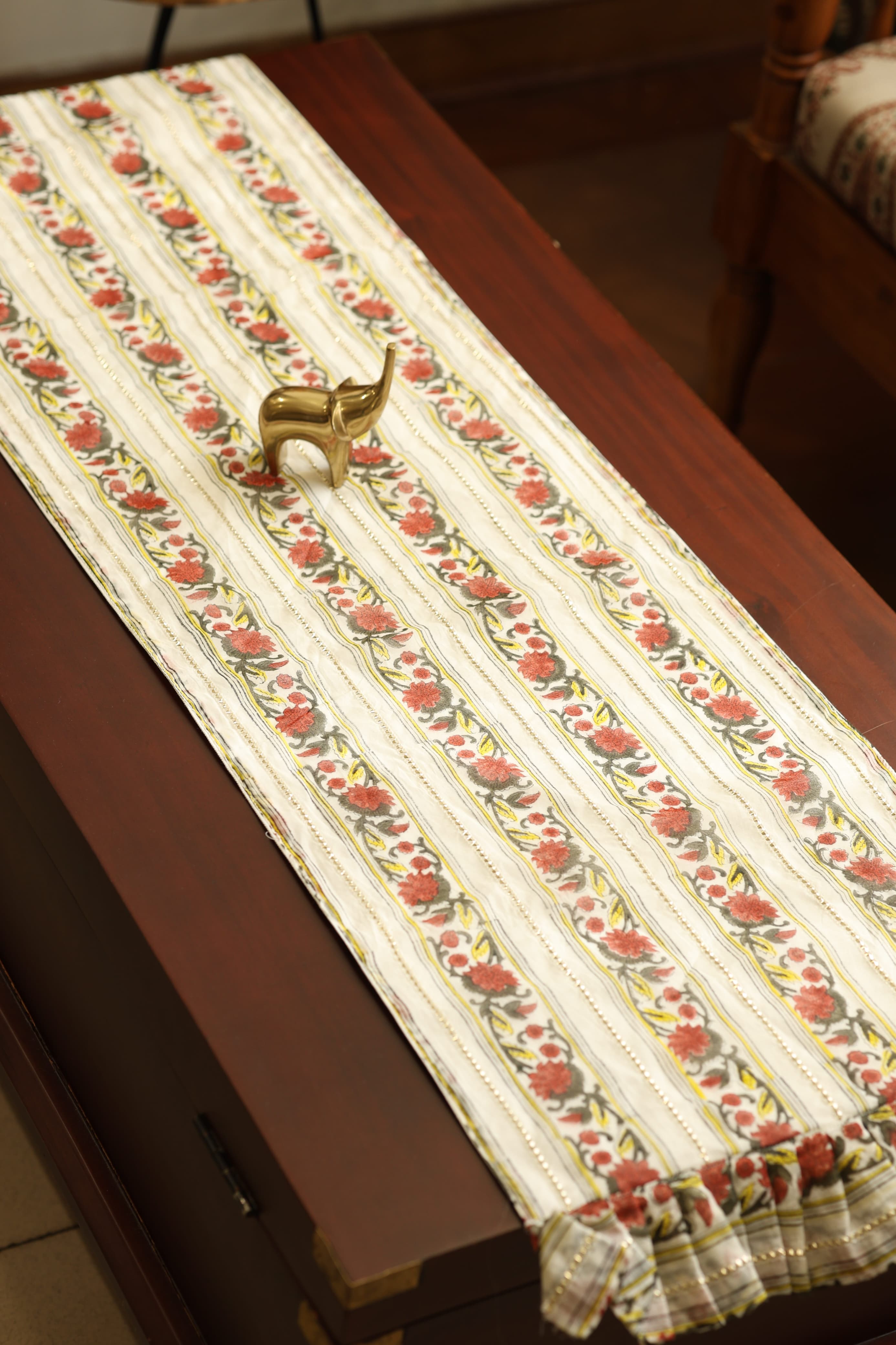 Onam Handblock Table Runner with Ruffled Edges - 4 seater