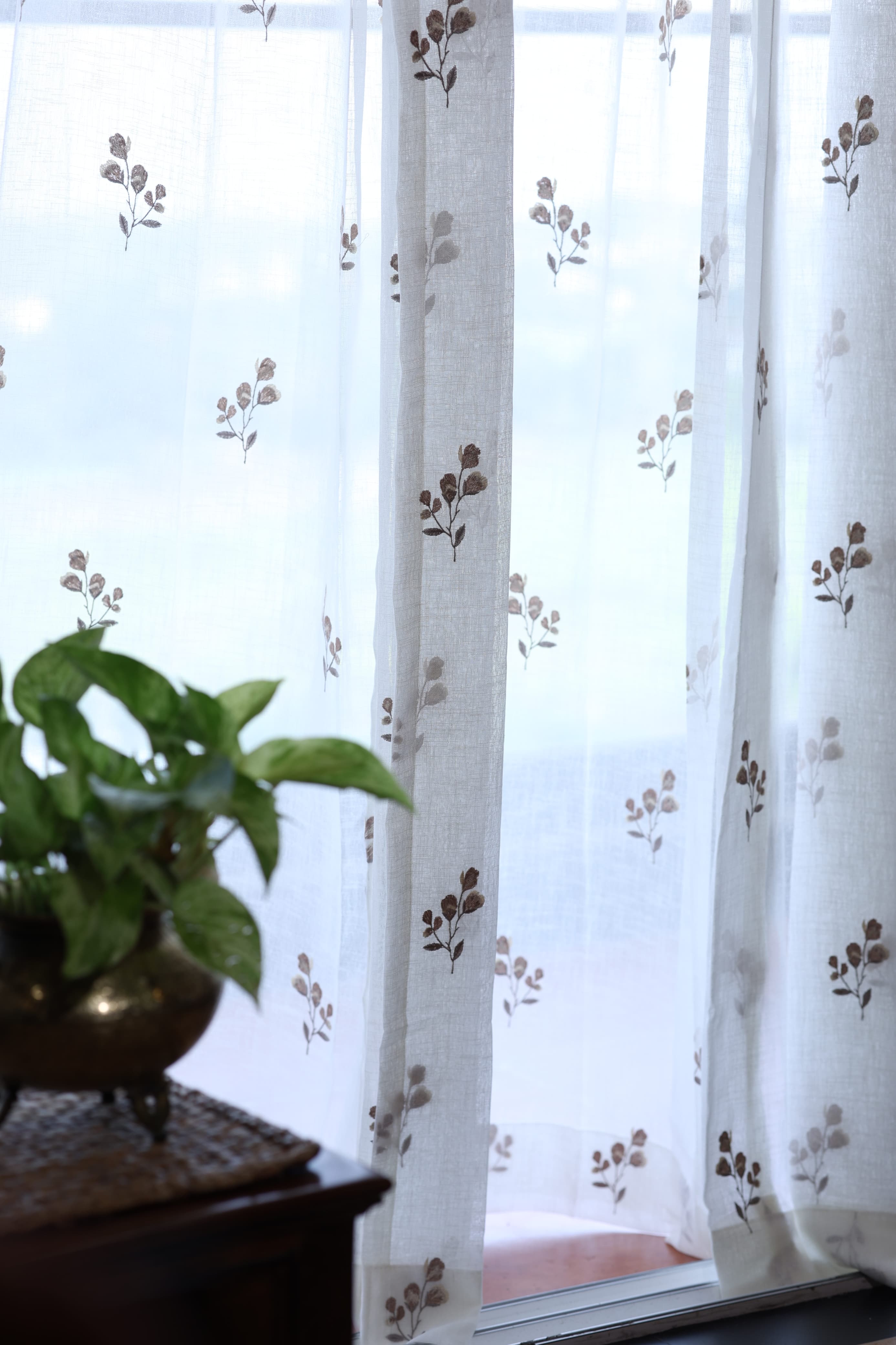 Floral embroidery sheer Curtain : Brown shine