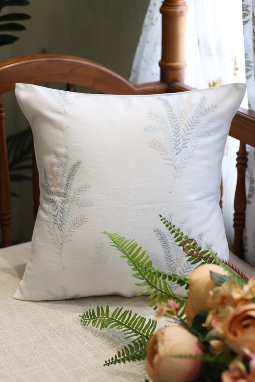 Ivory Fern Embroidered Cushion Cover