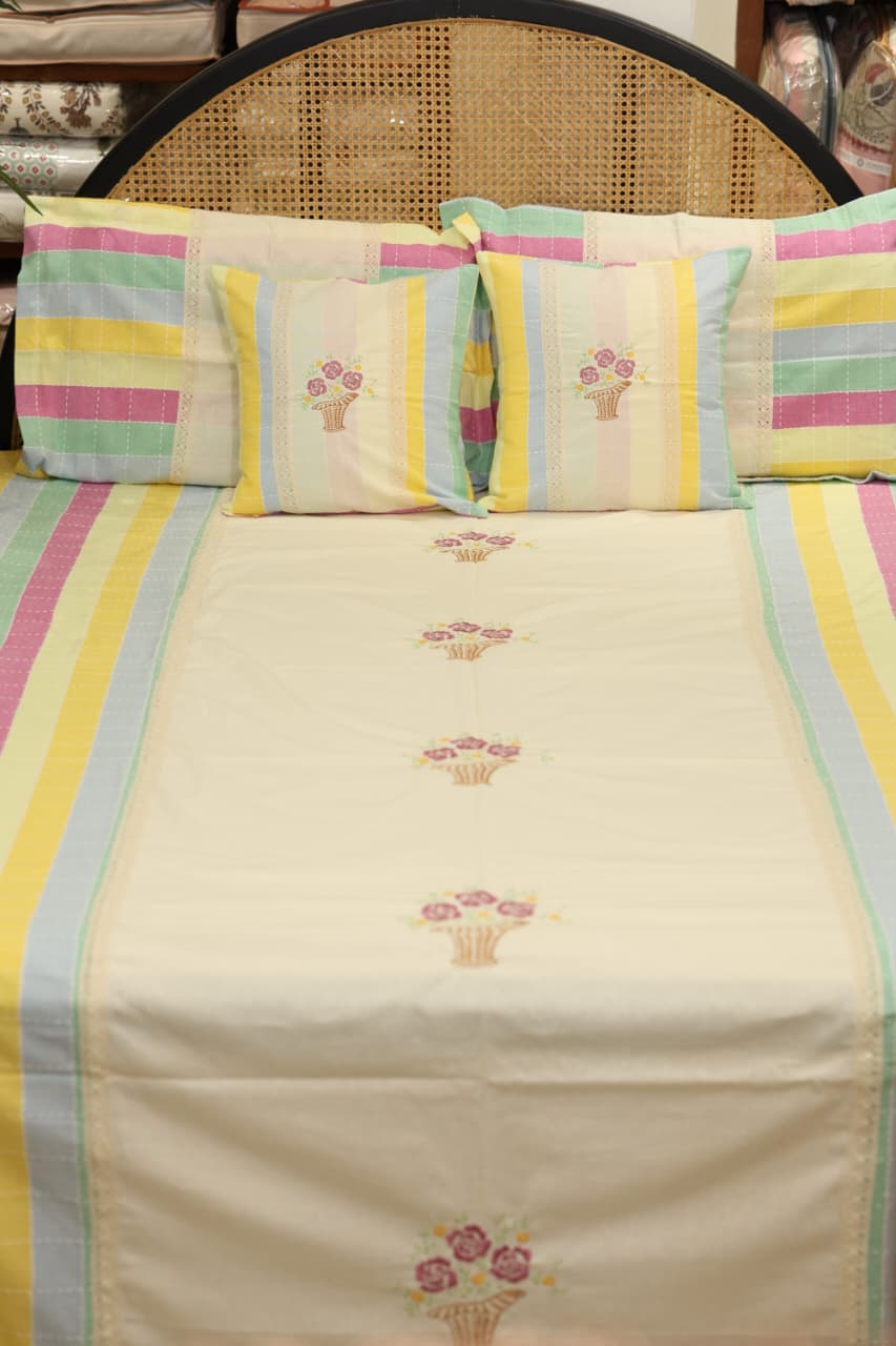 Pastel Stripe Premium Embroidery Cotton King Size Bedspread Set