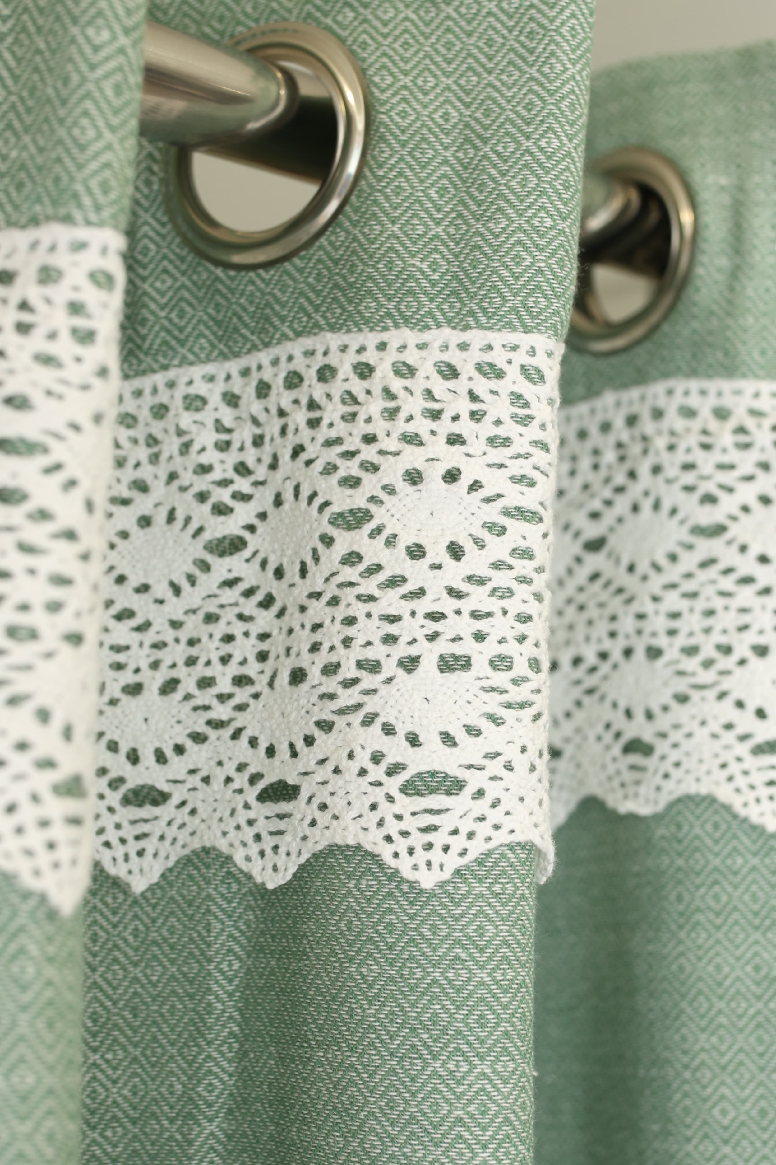Green Woven Opaque Curtain with White Crochet Lace Border