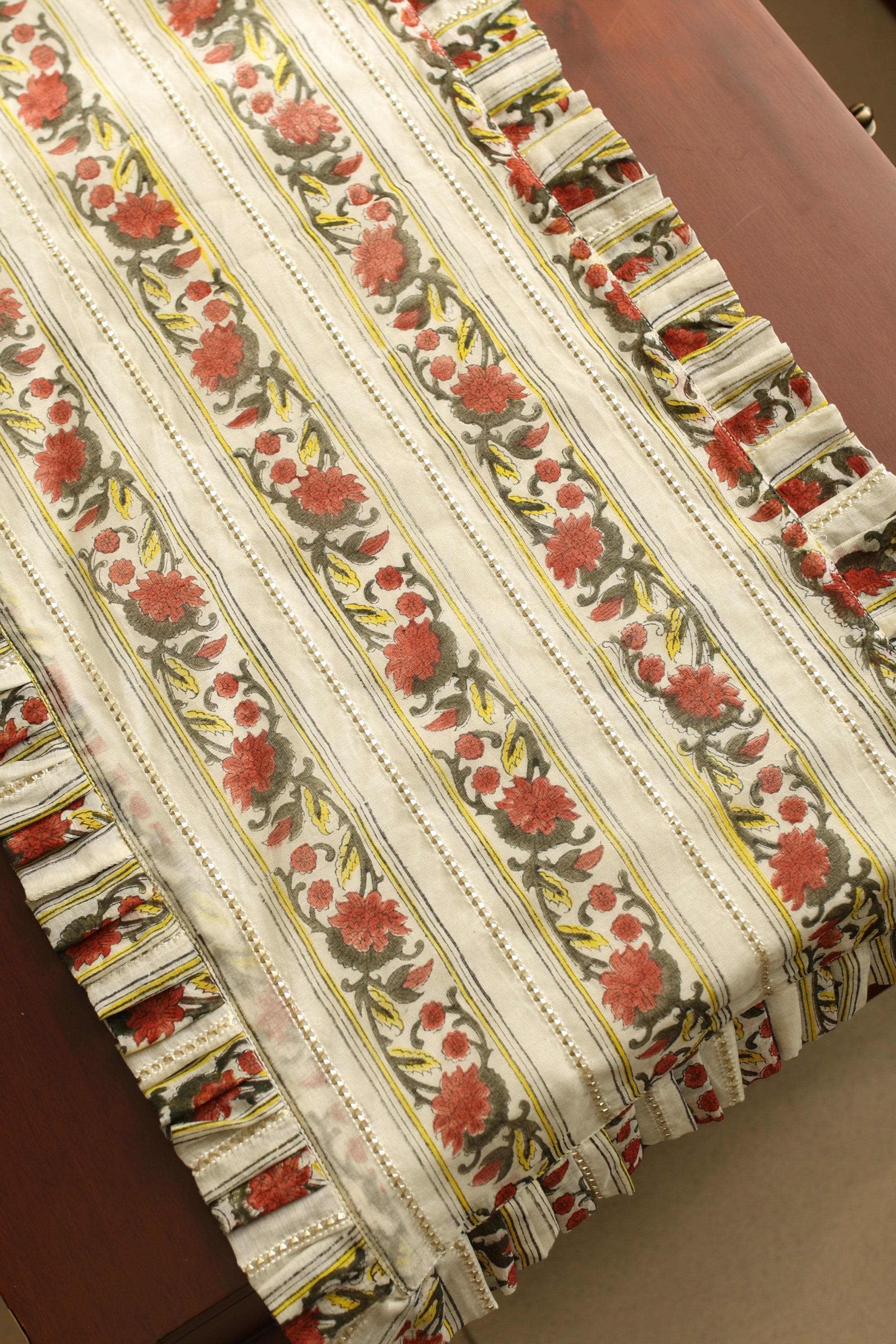 Onam Handblock Table Runner with Ruffled Edges - 4 seater