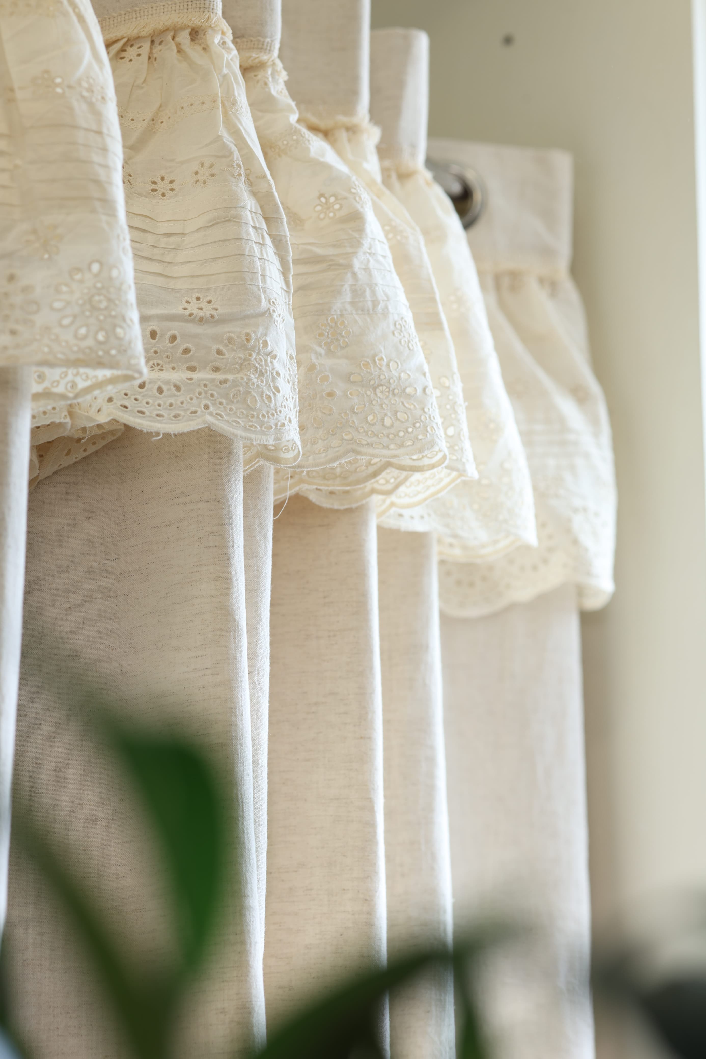 Ivory Lace Crochet with hakoba frill opaque curtains cottage frills