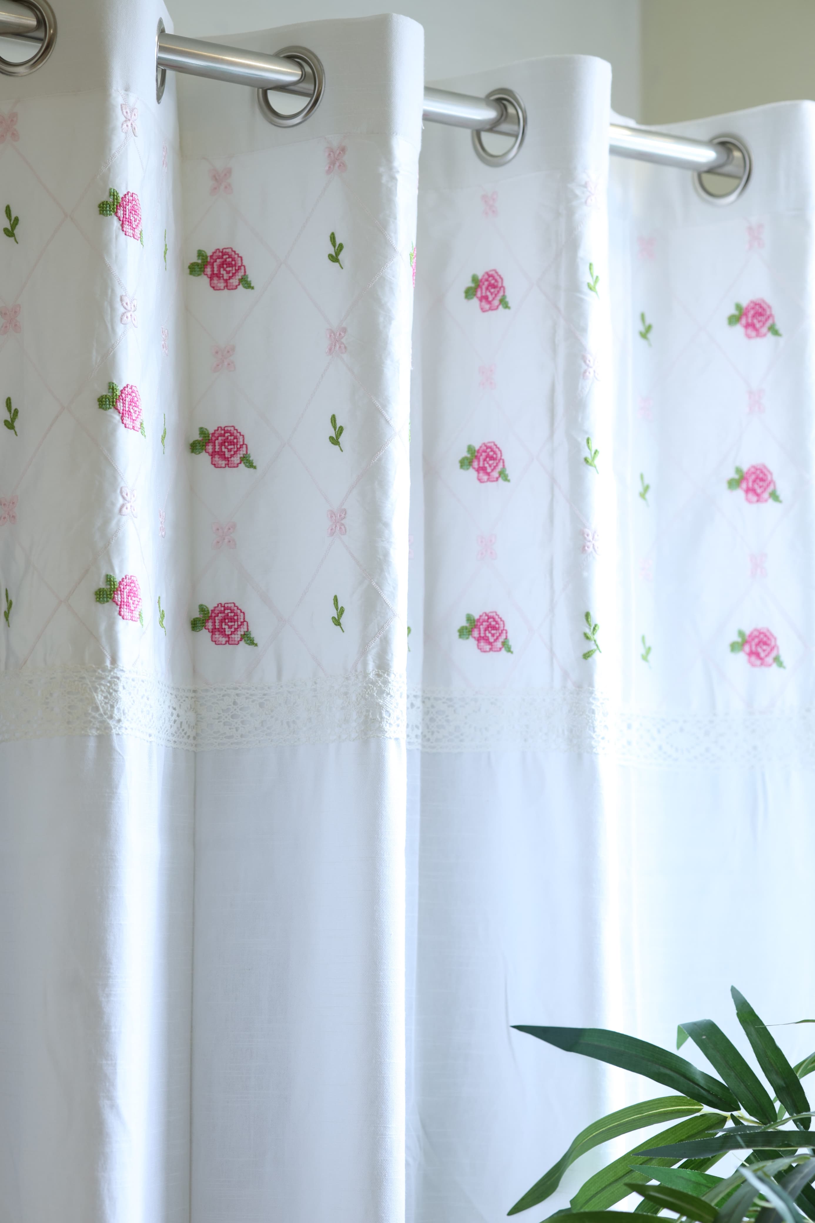 Curtains - Embroidery designer opaque curtains Butter rose White