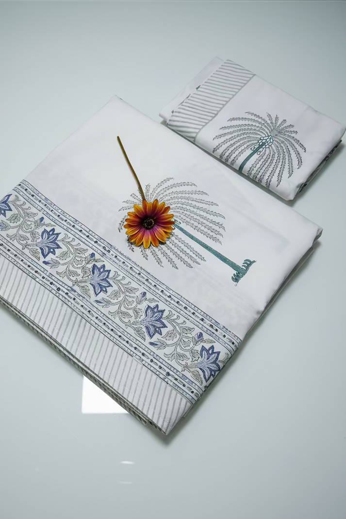 Bedsheets - King percale cotton handblock white lily  bedsheets