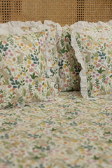 Bedsheets - Premium king floral printed lace bedsheet with cushion covers green bud