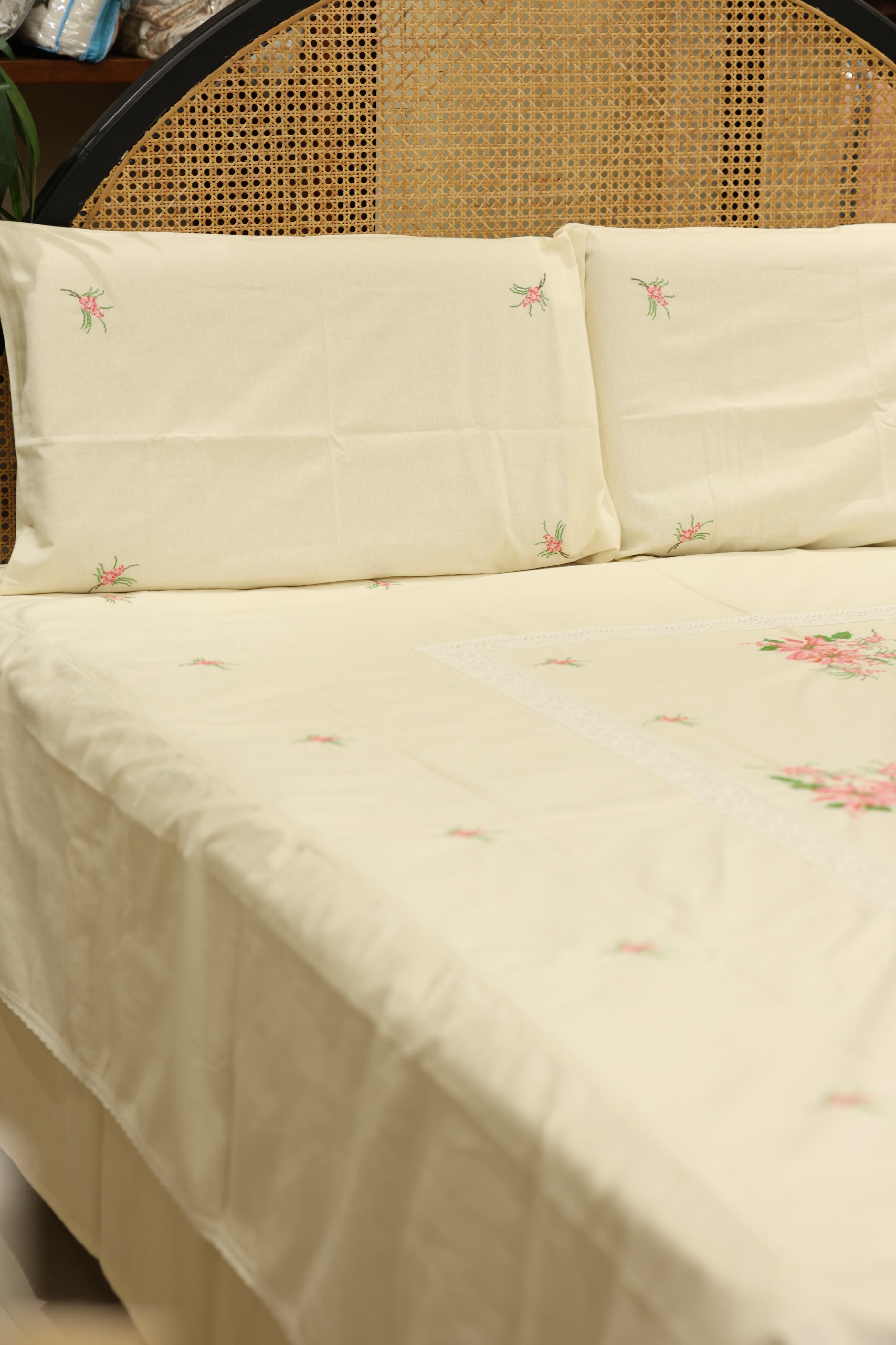 Premium Cross stitch Embroidery Cotton King Size Bedspread Set