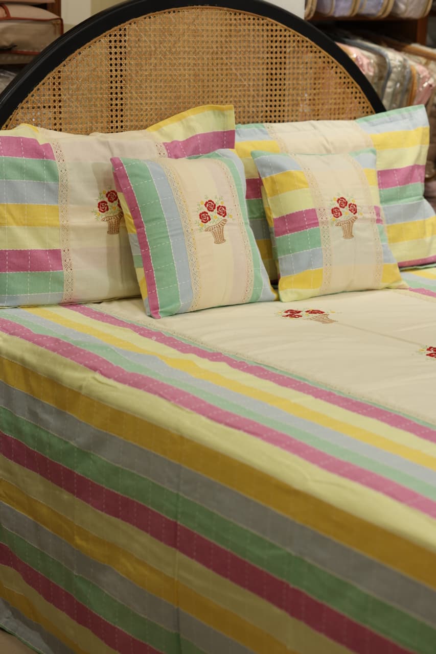 Pastel Stripe Premium Embroidery Cotton King Size Bedspread Set Cottage collections 3