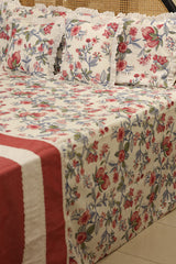 Bedsheets - Premium king floral printed lace bedsheet with cushion covers redbud